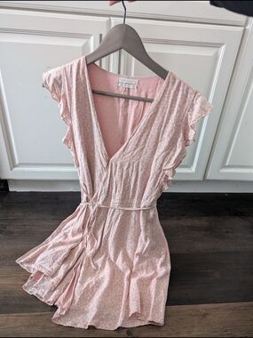 Urban Outfitters Romantic Boho Dusty Pink Wrap Dress with Ruffle Sleeves xs